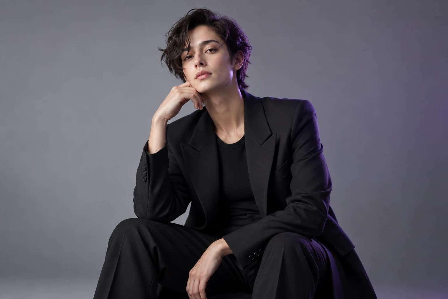 Studio fashion portrait in a black suit