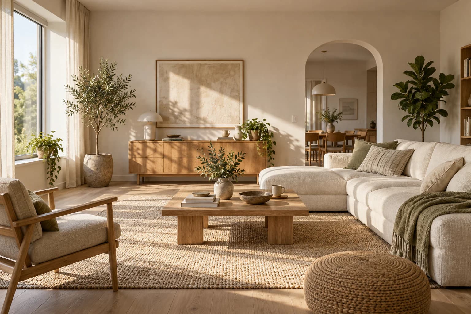 Sunlit living room with natural materials