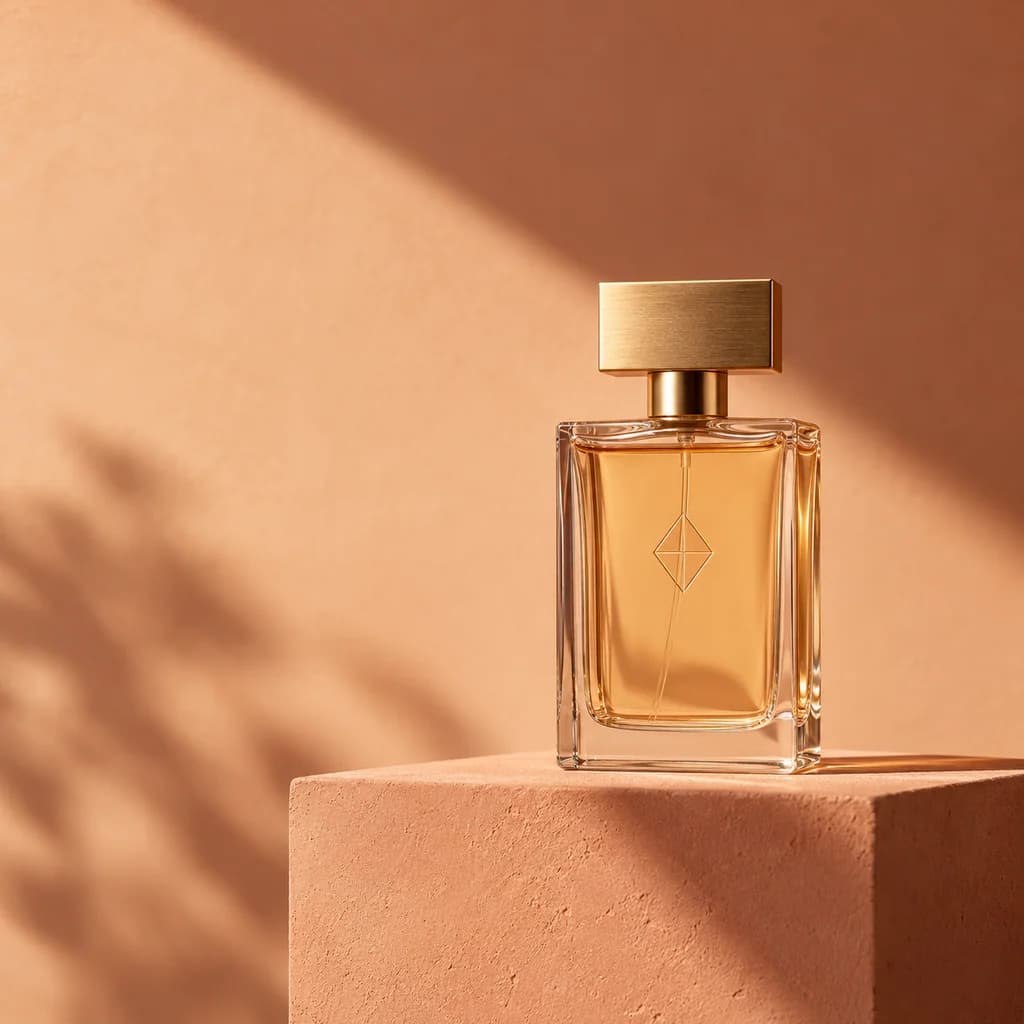 Illustrative perfume bottle ad concept on a terracotta pedestal against a peach backdrop