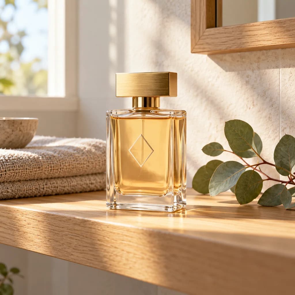 Illustrative perfume bottle lifestyle scene on an oak bathroom shelf beside linen and eucalyptus