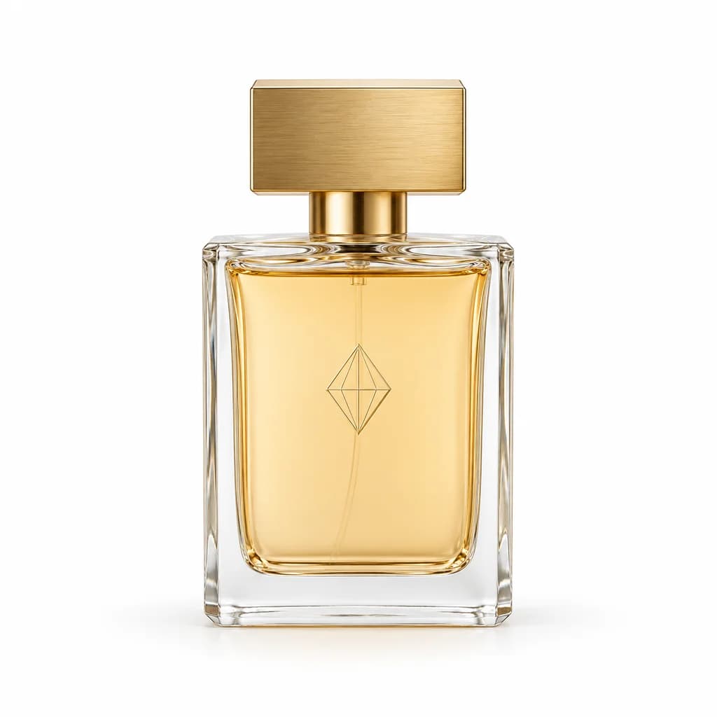 Illustrative perfume bottle catalog photograph on a white background with a soft contact shadow